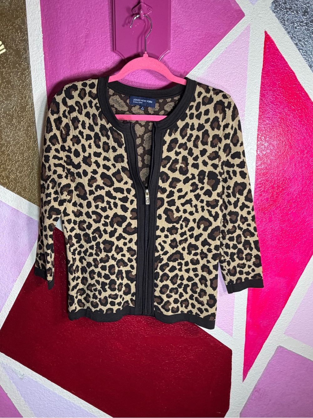 Jones New York Signature Leopard Print Zip Cardigan Sz S